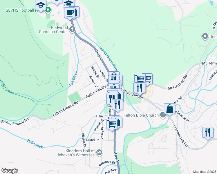 map of restaurants, bars, coffee shops, grocery stores, and more near 6299 Gushee Street in Felton