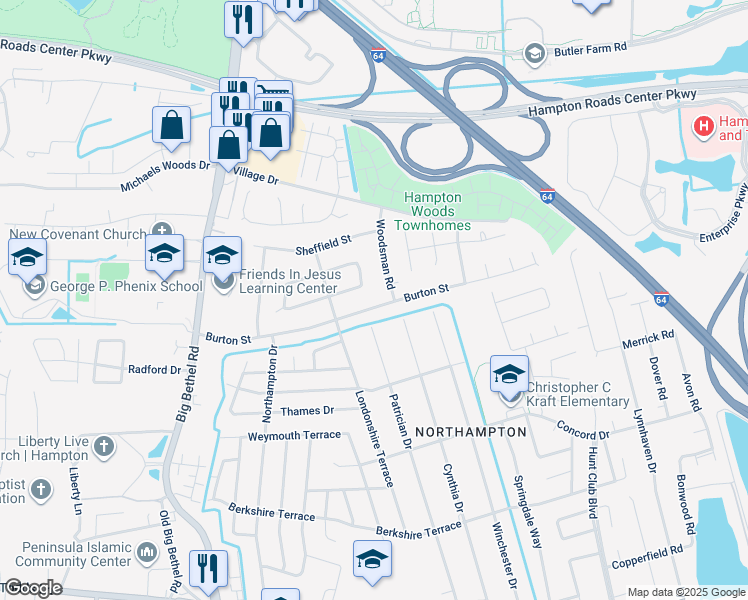 map of restaurants, bars, coffee shops, grocery stores, and more near 708 Burton Street in Hampton