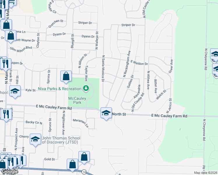 map of restaurants, bars, coffee shops, grocery stores, and more near 619 Maplewood Hills Drive in Nixa