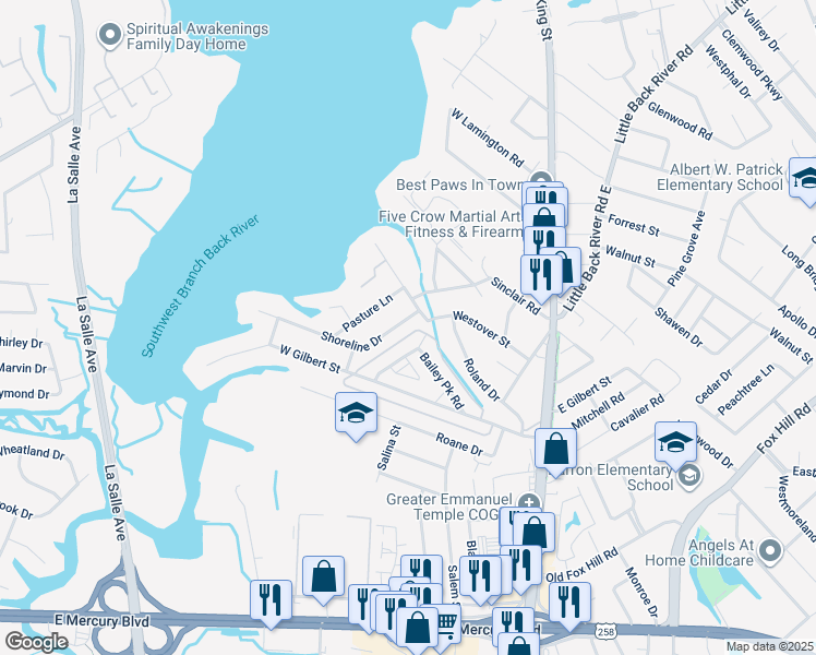 map of restaurants, bars, coffee shops, grocery stores, and more near 309 Shoreline Drive in Hampton