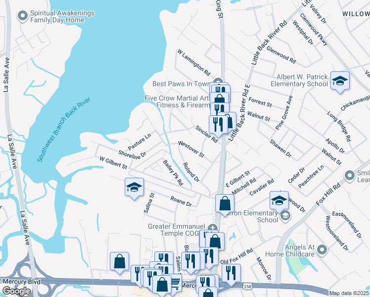 map of restaurants, bars, coffee shops, grocery stores, and more near 30 Westover Street in Hampton