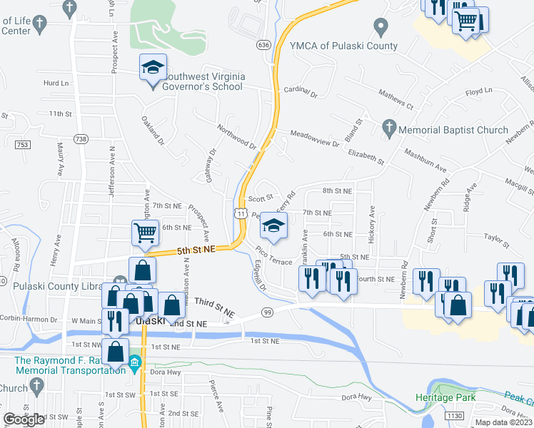 map of restaurants, bars, coffee shops, grocery stores, and more near 509 Peppers Ferry Road in Pulaski