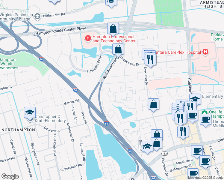 map of restaurants, bars, coffee shops, grocery stores, and more near 302 Wells Court in Hampton