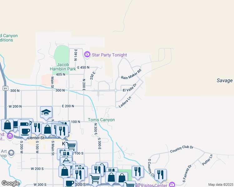 map of restaurants, bars, coffee shops, grocery stores, and more near 440 El Valle Drive in Kanab
