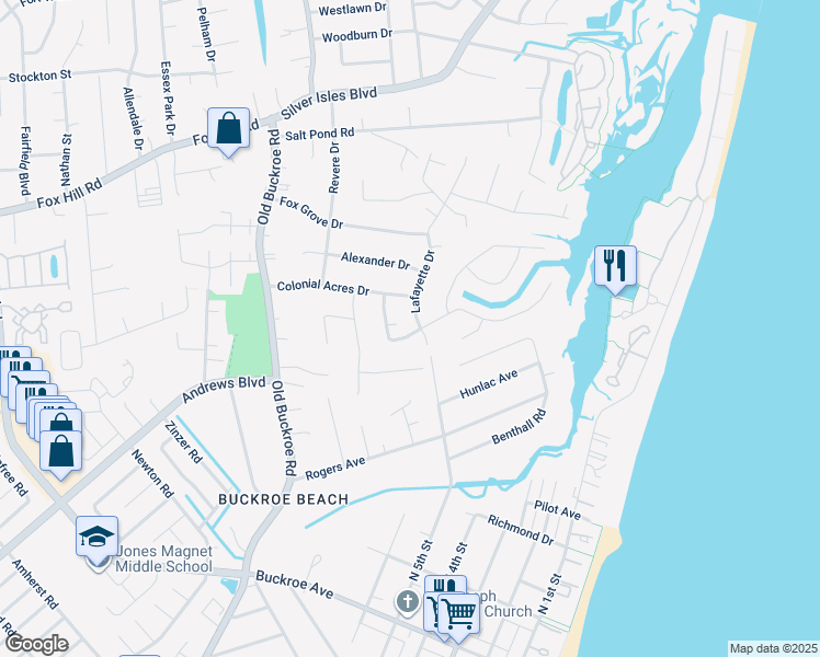 map of restaurants, bars, coffee shops, grocery stores, and more near 1751 Lafayette Drive in Hampton