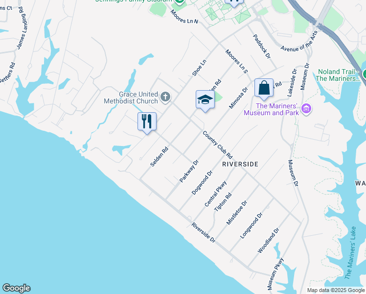 map of restaurants, bars, coffee shops, grocery stores, and more near 203 Anne Burras Lane in Newport News