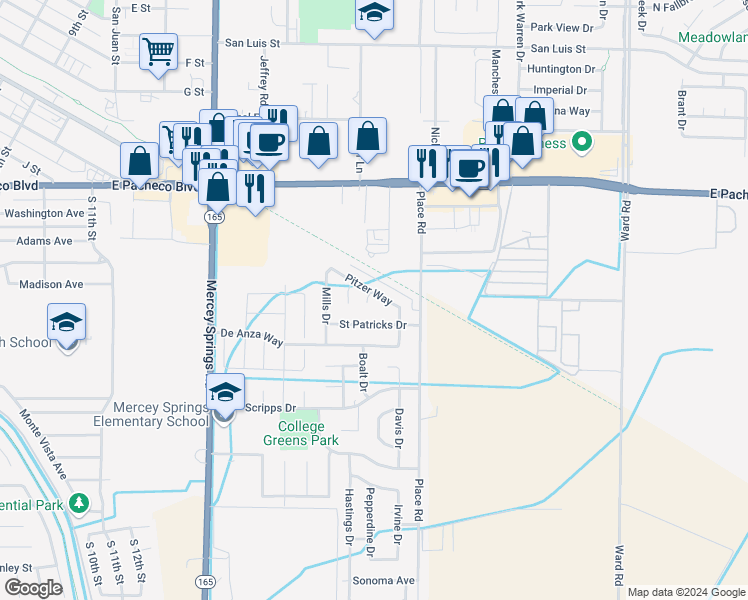 map of restaurants, bars, coffee shops, grocery stores, and more near 1710 La Verne Court in Los Banos
