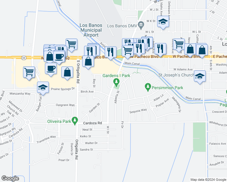 map of restaurants, bars, coffee shops, grocery stores, and more near 1552 West I Street in Los Banos