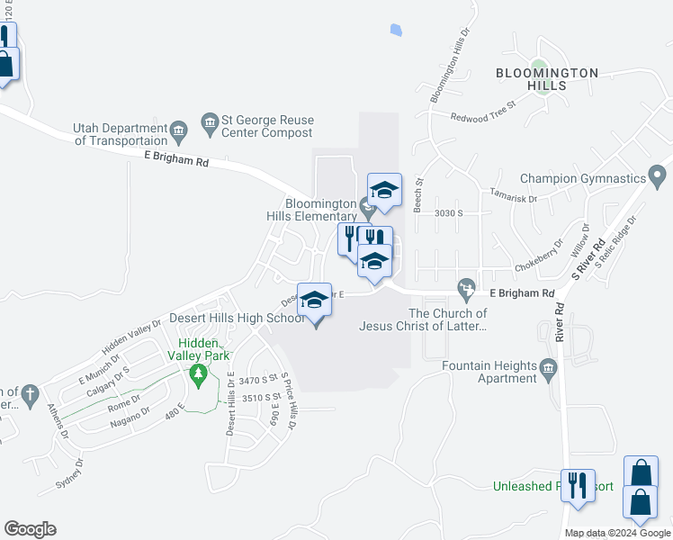 map of restaurants, bars, coffee shops, grocery stores, and more near 3239 South 840 East in St. George