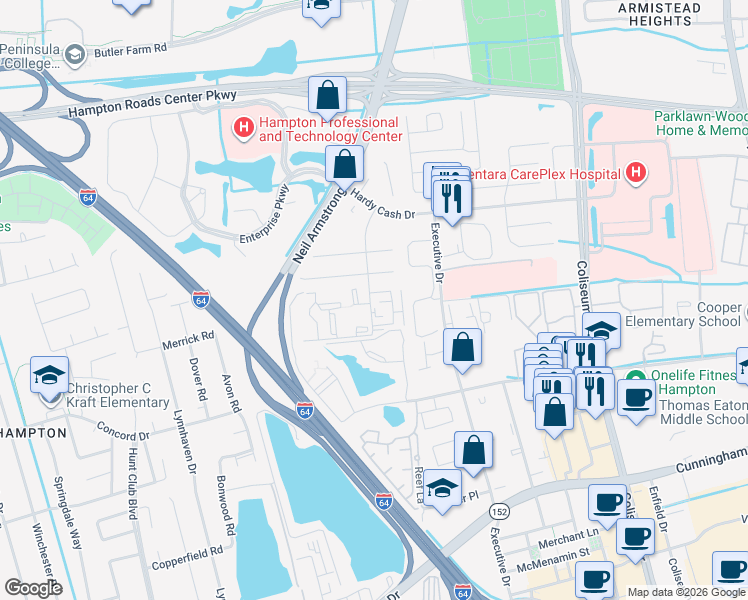 map of restaurants, bars, coffee shops, grocery stores, and more near 24 Pacific Drive in Hampton
