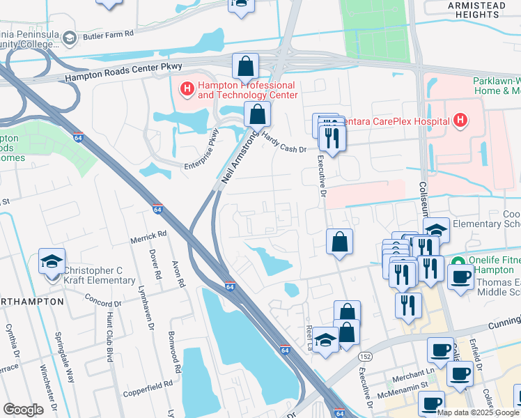 map of restaurants, bars, coffee shops, grocery stores, and more near 131 Haverford Court in Hampton