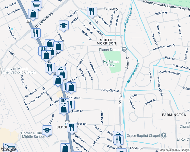 map of restaurants, bars, coffee shops, grocery stores, and more near 115 Kendall Drive in Newport News