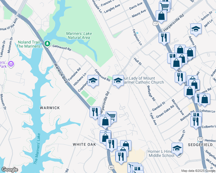 map of restaurants, bars, coffee shops, grocery stores, and more near 100 Harpersville Road in Newport News