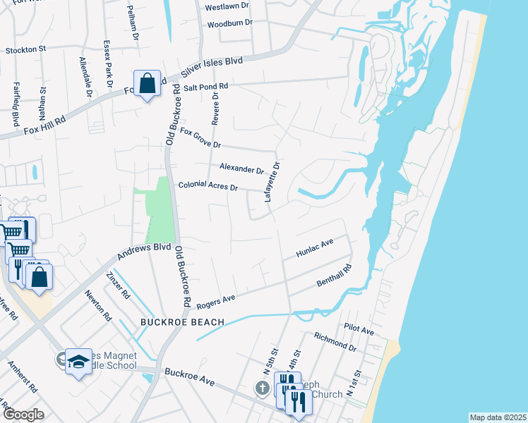 map of restaurants, bars, coffee shops, grocery stores, and more near 1751 Lafayette Drive in Hampton