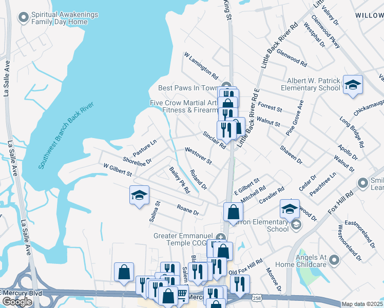 map of restaurants, bars, coffee shops, grocery stores, and more near 30 Westover Street in Hampton
