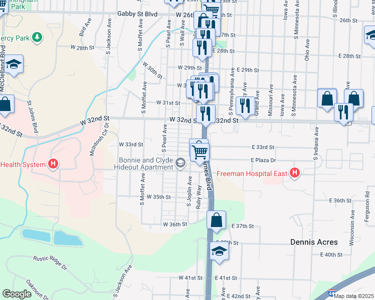 map of restaurants, bars, coffee shops, grocery stores, and more near 3309 Oak Ridge Drive in Joplin