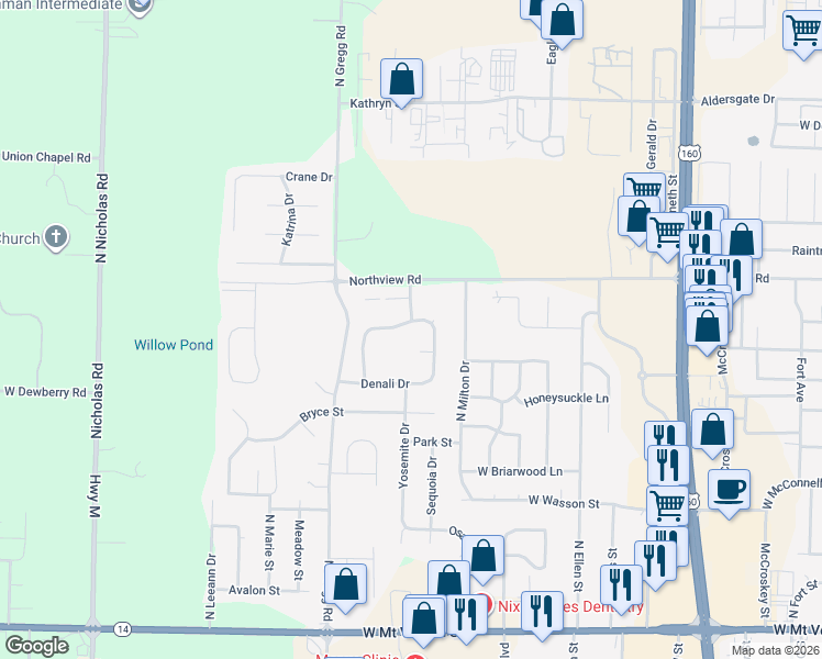 map of restaurants, bars, coffee shops, grocery stores, and more near Zion Way in Nixa