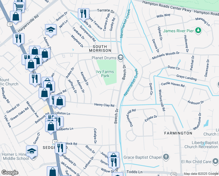 map of restaurants, bars, coffee shops, grocery stores, and more near 10 Teakwood Drive in Newport News