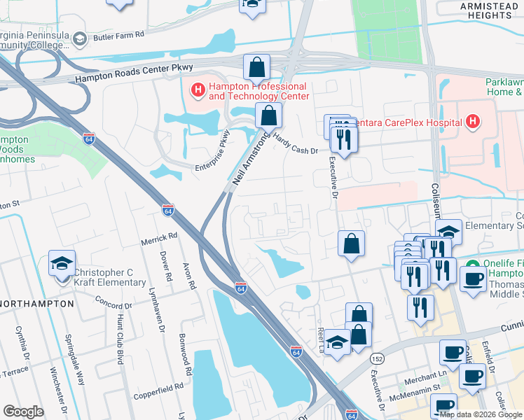 map of restaurants, bars, coffee shops, grocery stores, and more near 106 Wells Court in Hampton