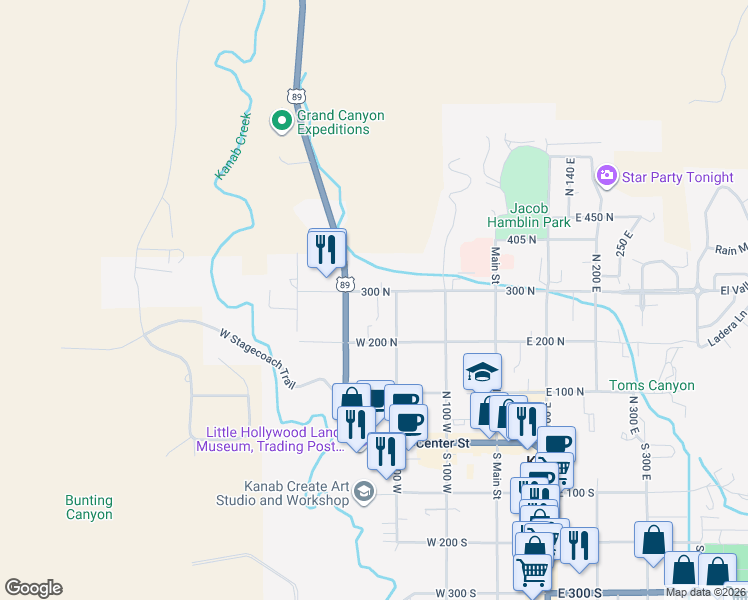 map of restaurants, bars, coffee shops, grocery stores, and more near 239-299 W 300 N in Kanab