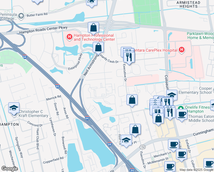 map of restaurants, bars, coffee shops, grocery stores, and more near 24 Pacific Drive in Hampton