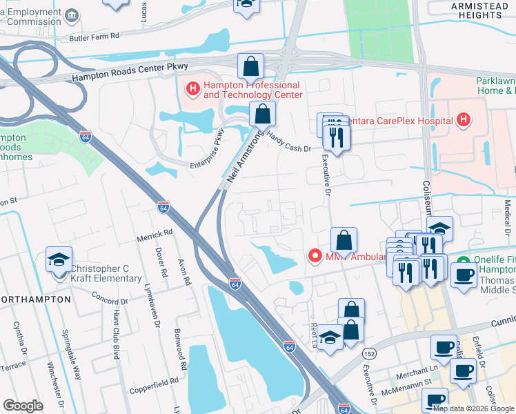 map of restaurants, bars, coffee shops, grocery stores, and more near 131 Haverford Court in Hampton