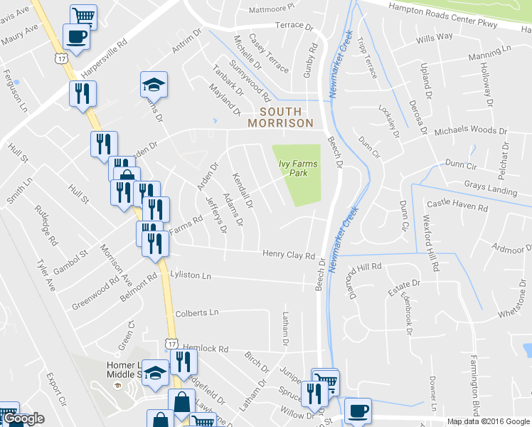 map of restaurants, bars, coffee shops, grocery stores, and more near 110 Basswood Drive in Newport News