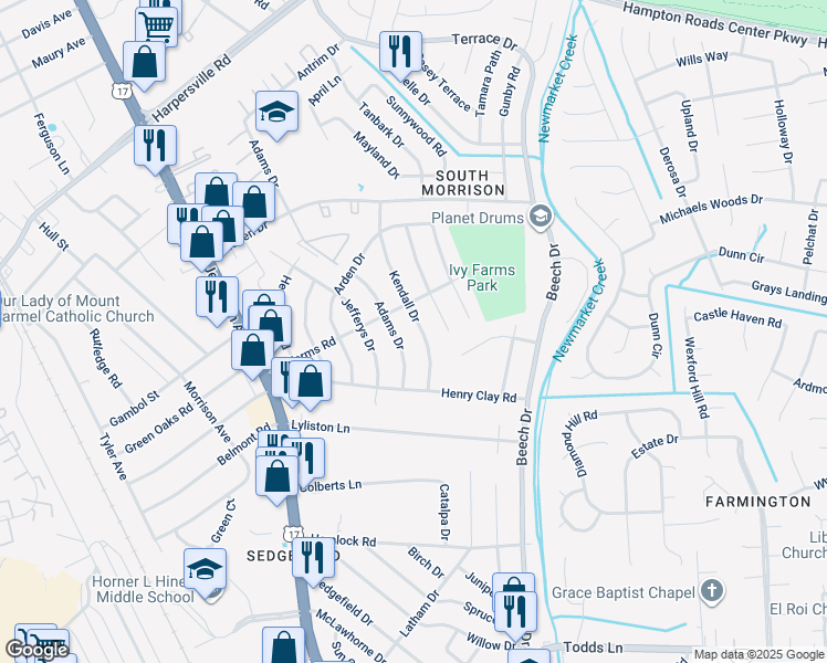 map of restaurants, bars, coffee shops, grocery stores, and more near 115 Kendall Drive in Newport News