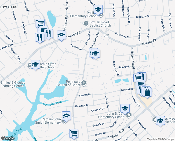 map of restaurants, bars, coffee shops, grocery stores, and more near 513 Malvern Hill Circle in Hampton