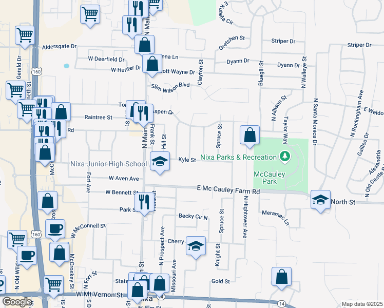 map of restaurants, bars, coffee shops, grocery stores, and more near 704 Lone Oak Avenue in Nixa