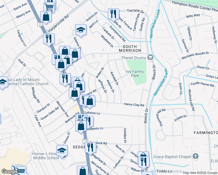 map of restaurants, bars, coffee shops, grocery stores, and more near 117 Adams Drive in Newport News