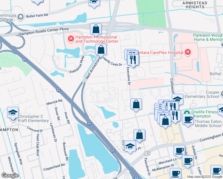 map of restaurants, bars, coffee shops, grocery stores, and more near 10 Pacific Drive in Hampton