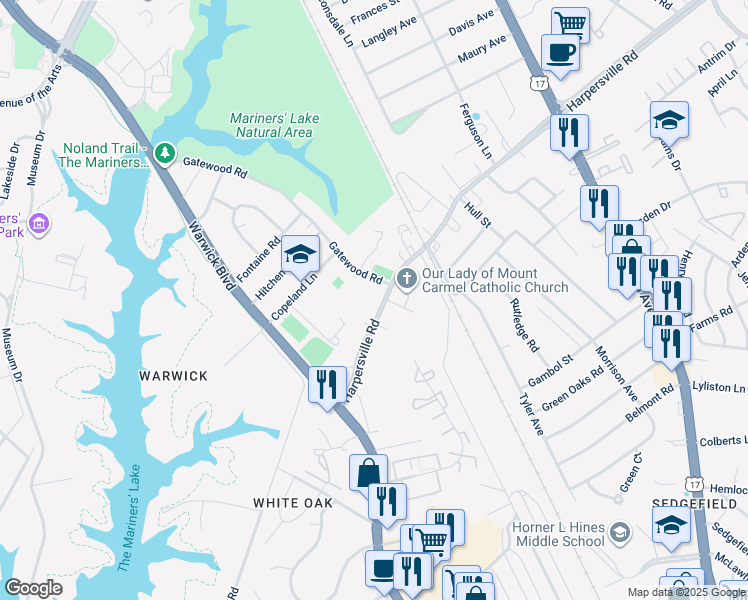 map of restaurants, bars, coffee shops, grocery stores, and more near 100 Harpersville Road in Newport News