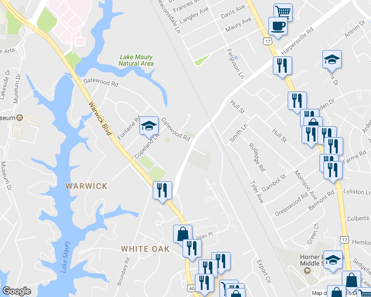 map of restaurants, bars, coffee shops, grocery stores, and more near 53 Harpersville Road in Newport News