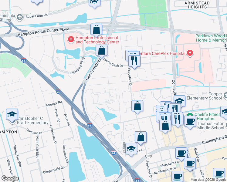 map of restaurants, bars, coffee shops, grocery stores, and more near 24 Pacific Drive in Hampton
