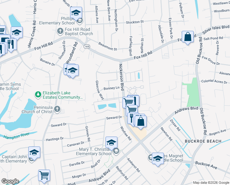 map of restaurants, bars, coffee shops, grocery stores, and more near 34 Glascow Way in Hampton