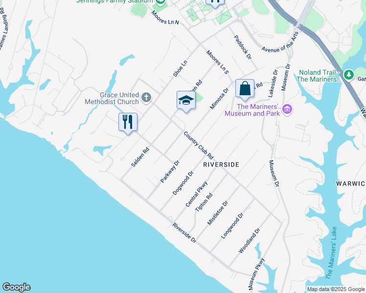 map of restaurants, bars, coffee shops, grocery stores, and more near 209 Parkway Drive in Newport News
