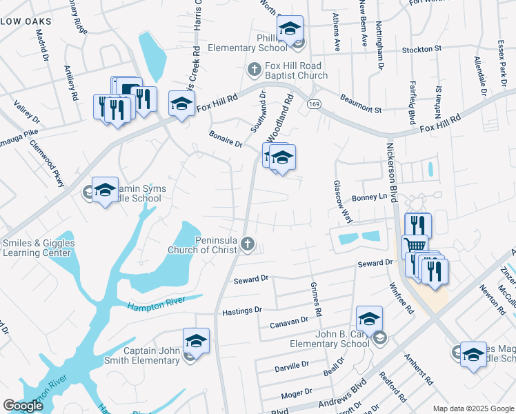 map of restaurants, bars, coffee shops, grocery stores, and more near 513 Malvern Hill Circle in Hampton