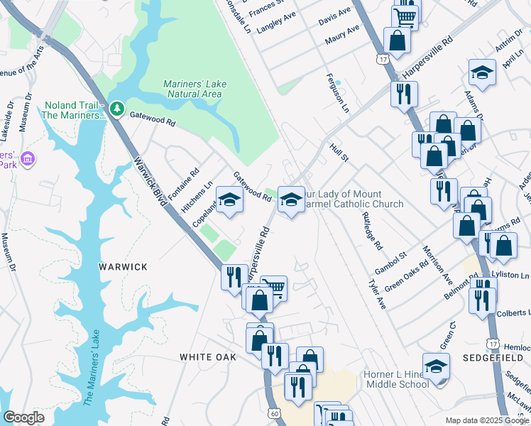 map of restaurants, bars, coffee shops, grocery stores, and more near 53 Harpersville Road in Newport News
