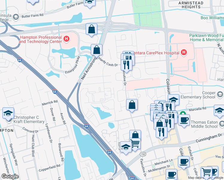 map of restaurants, bars, coffee shops, grocery stores, and more near 141 Pacific Drive in Hampton