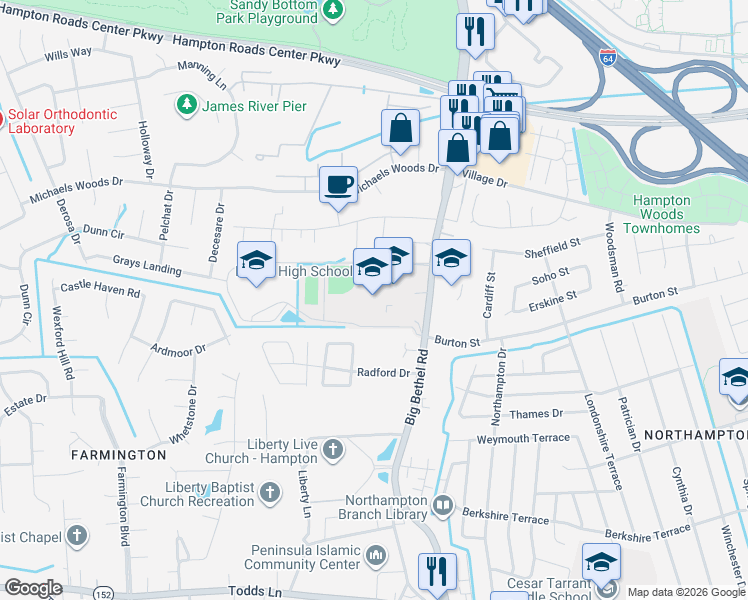map of restaurants, bars, coffee shops, grocery stores, and more near 1067 Big Bethel Road in Hampton