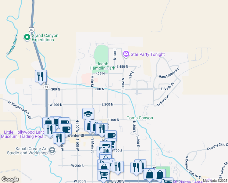 map of restaurants, bars, coffee shops, grocery stores, and more near 281 North 150 East in Kanab
