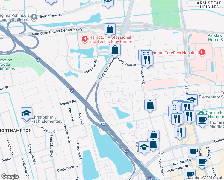 map of restaurants, bars, coffee shops, grocery stores, and more near 104 Wells Court in Hampton