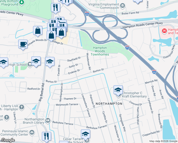 map of restaurants, bars, coffee shops, grocery stores, and more near 704 Burton Street in Hampton