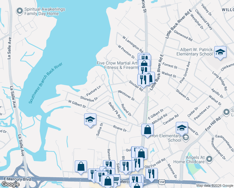 map of restaurants, bars, coffee shops, grocery stores, and more near 40 Westover Street in Hampton