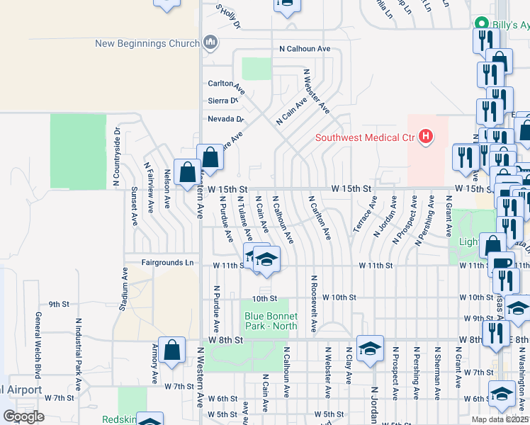 map of restaurants, bars, coffee shops, grocery stores, and more near 1321 North Cain Avenue in Liberal