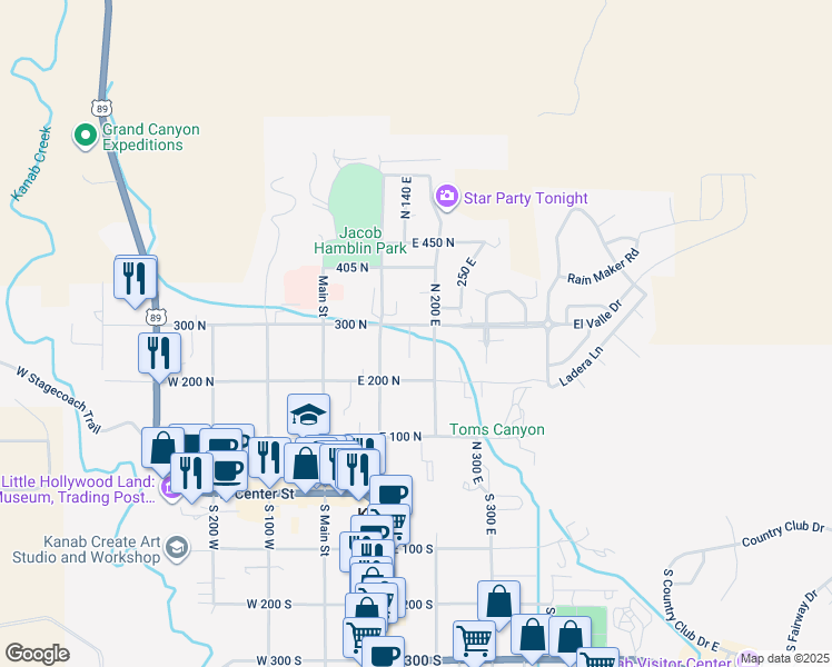 map of restaurants, bars, coffee shops, grocery stores, and more near 281 North 150 East in Kanab
