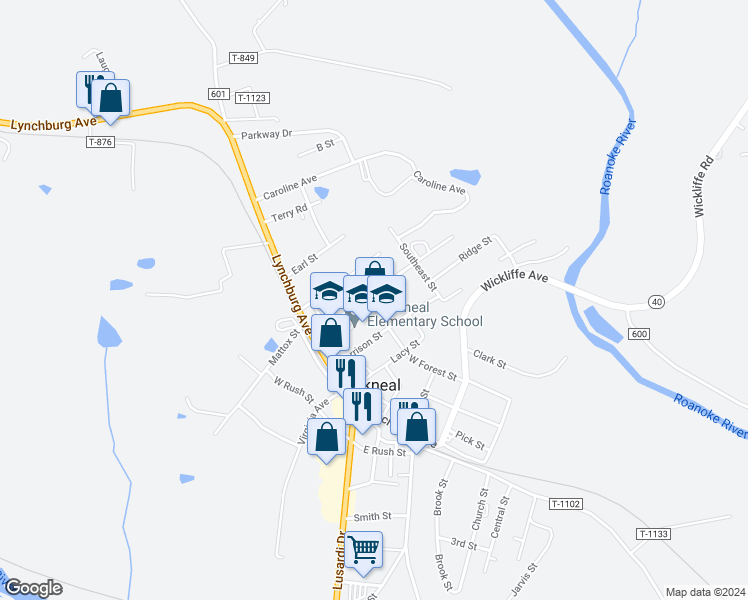 map of restaurants, bars, coffee shops, grocery stores, and more near 205 Charlotte Street in Brookneal