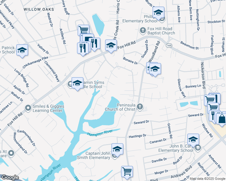 map of restaurants, bars, coffee shops, grocery stores, and more near 335 Brandon Ct in Hampton