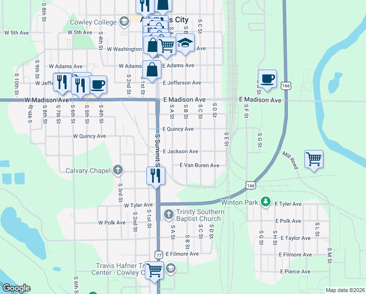 map of restaurants, bars, coffee shops, grocery stores, and more near 835 South B Street in Arkansas City